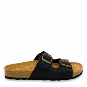 Rockfish Hoby Leather Two-strap Cork Sandal Double Strap Men's Sandals Black | HNV1798HD